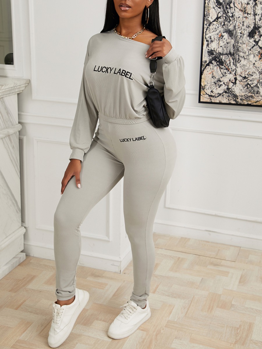 

lovely Sportswear O Neck Letter Print Grey Two Piece Pants Set