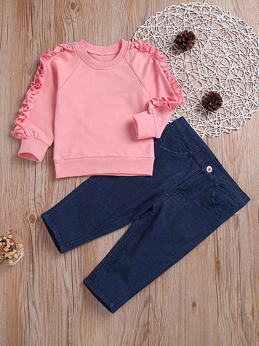 lovely Swee O Neck Stringy Selvedge Pink Girl Two-piece Pants Set