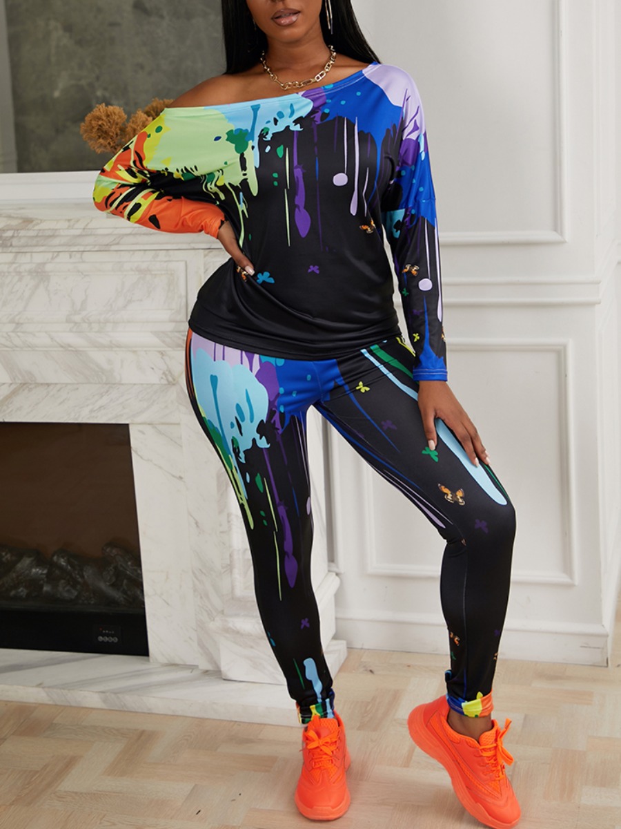 

lovely Leisure Graffiti Print Black Two Piece Pants Set