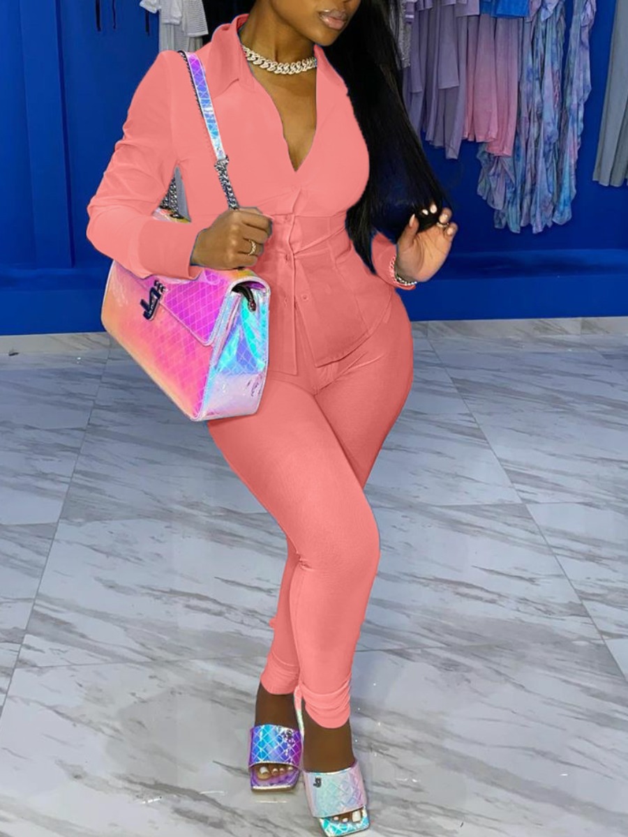 lovely Trendy Turndown Collar Buttons Design Skinny Pink Two Piece Pants Set