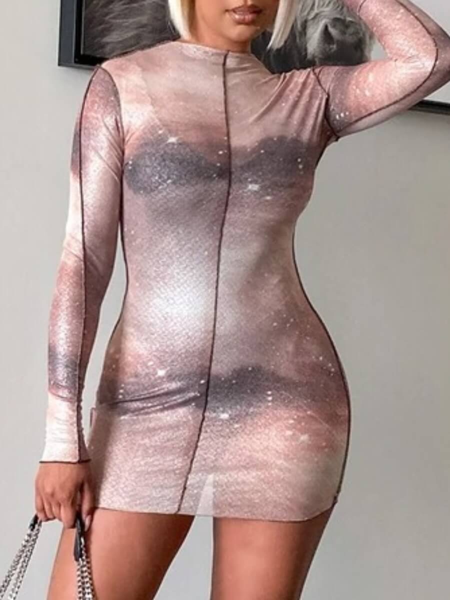 

Lovely Trendy O Neck Print See-through Pink Mini Dress