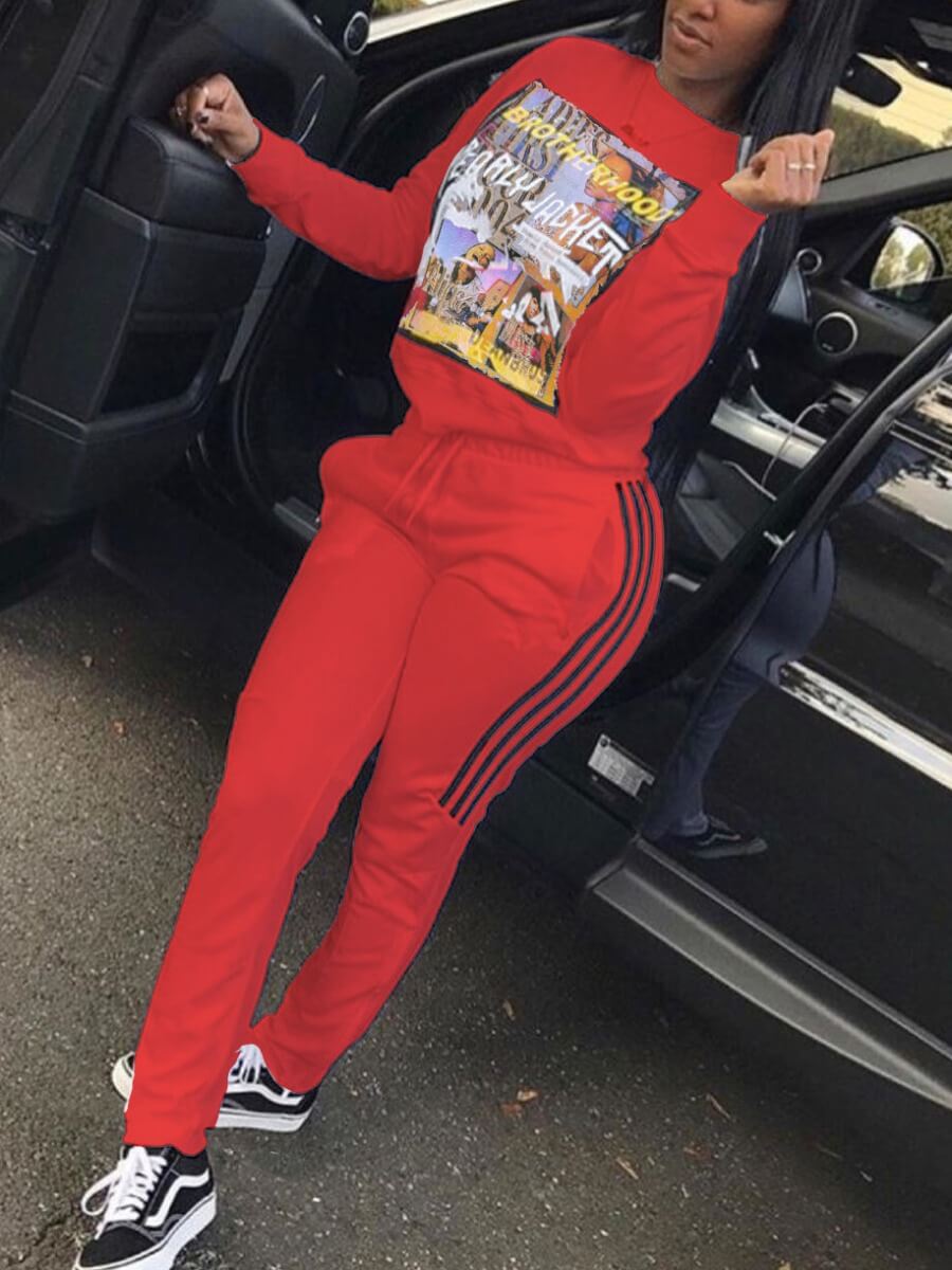 

Lovely Casual O Neck Print Patchwork Red Two Piece Pants Set
