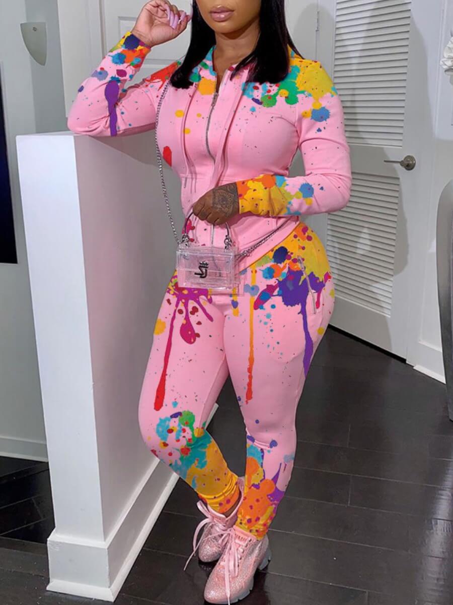 lovely Trendy Print Zipper Design Pink Two Piece Pants Set