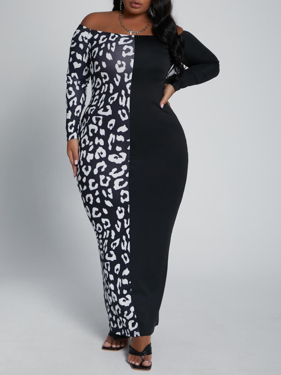 

Lovely Plus Size Stylish Print Patchwork Black Ankle Length Dress