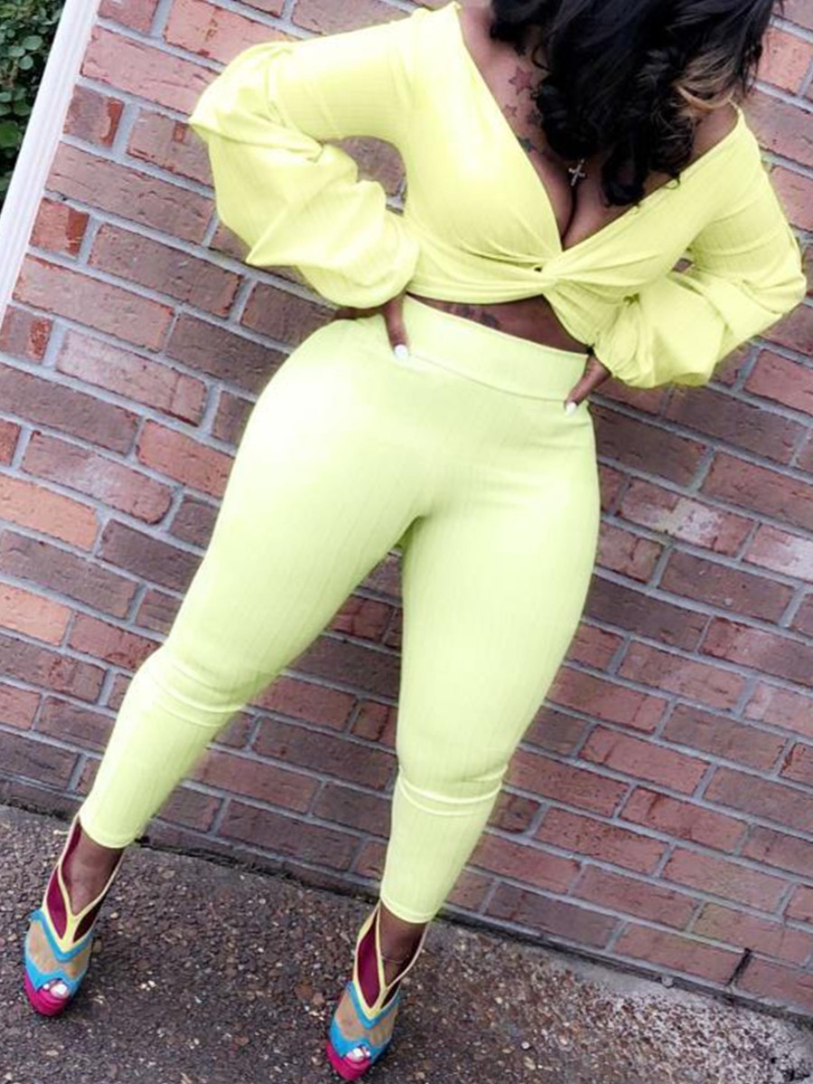 

Lovely Stylish V Neck Knot Design Yellow Plus Size Two-piece Pants Set