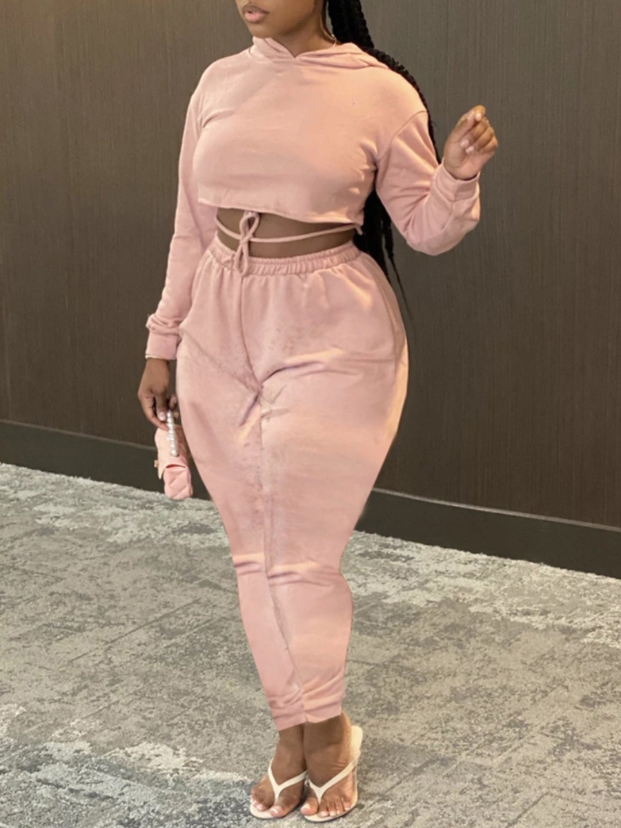 

lovely Sexy Hooded Collar Bandage Design Pink Plus Size Two-piece Pants Set