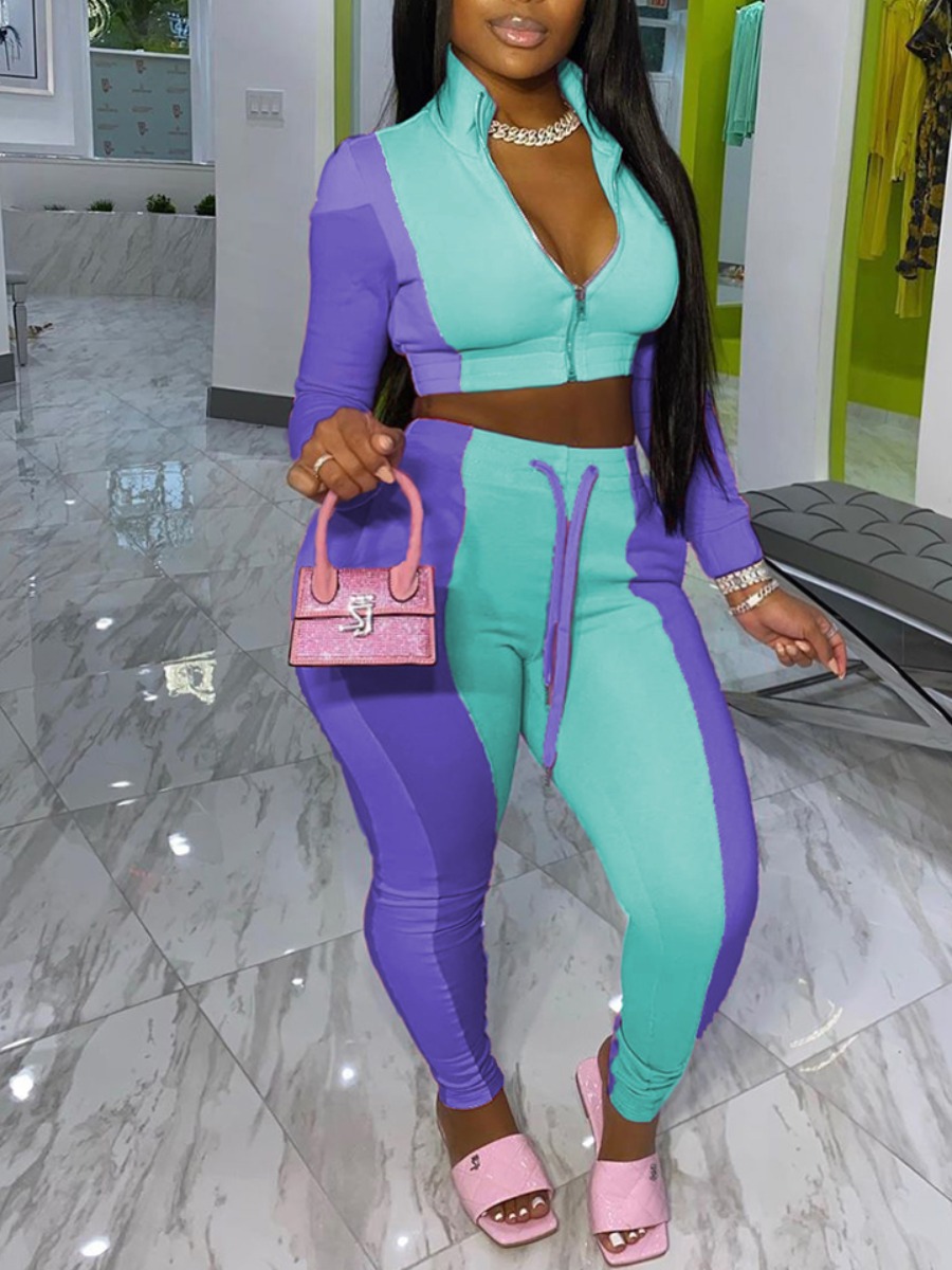 

LW Plus Size Turndown Collar Patchwork Zipper Design Tracksuit Set, Baby blue