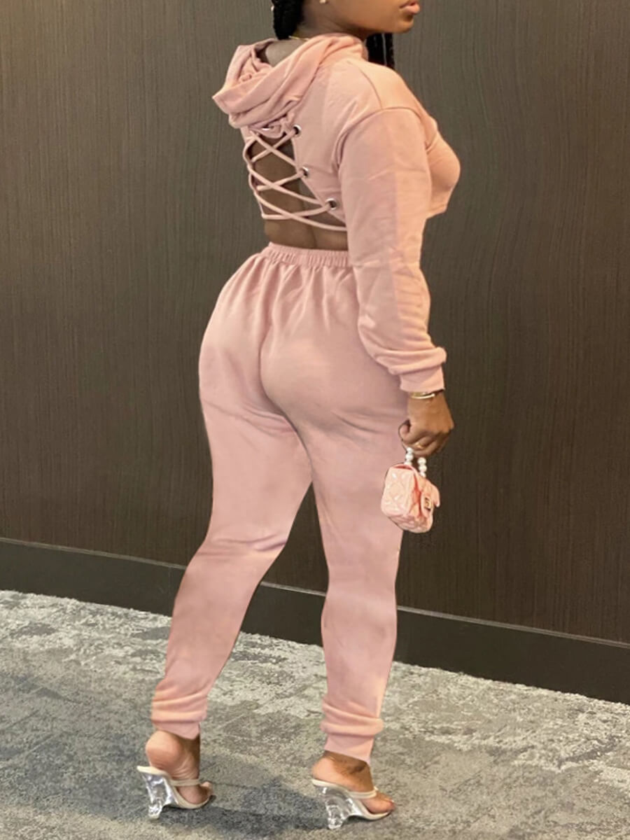 

Lovely Chic Hooded Collar Bandage Design Pink Two Piece Pants Set