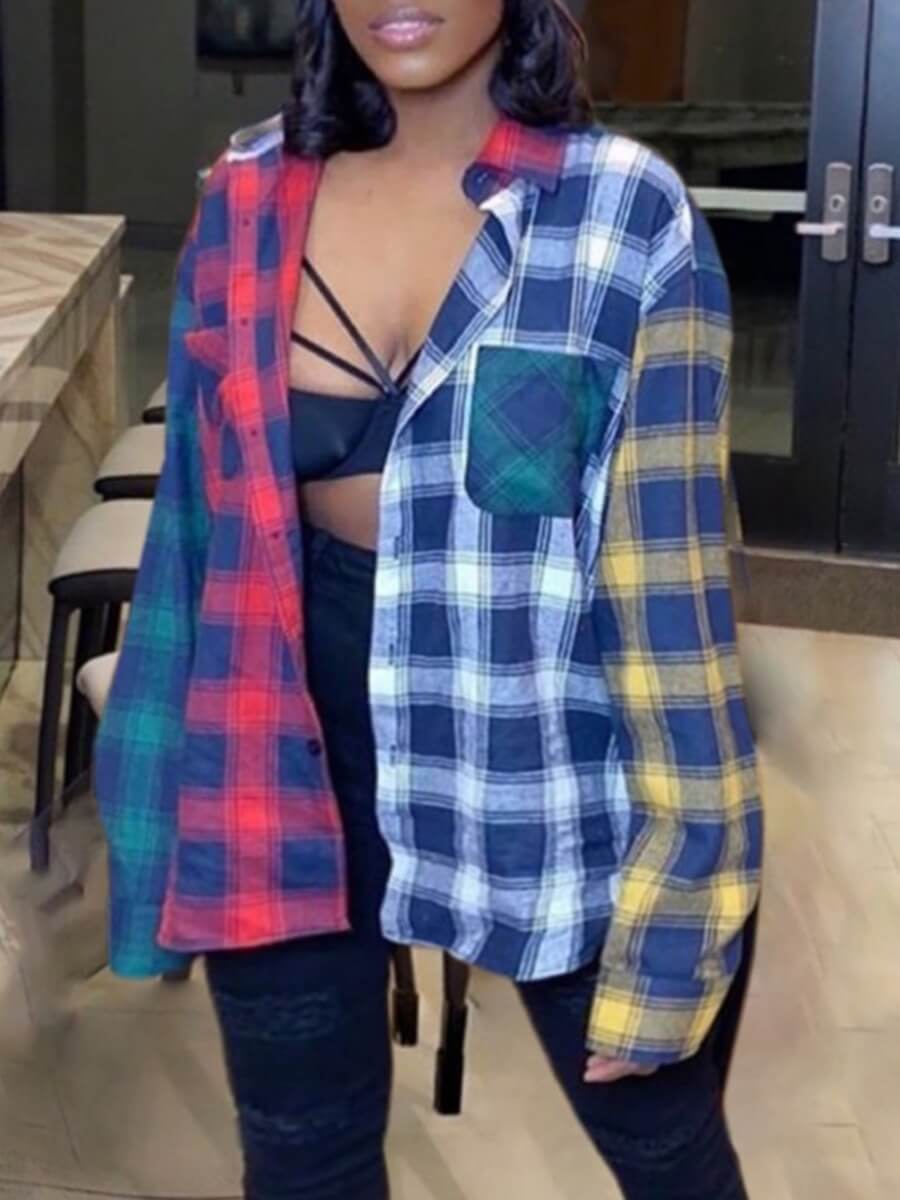 lovely Stylish Turndown Collar Grid Print Multicolor Plus Size Blouse