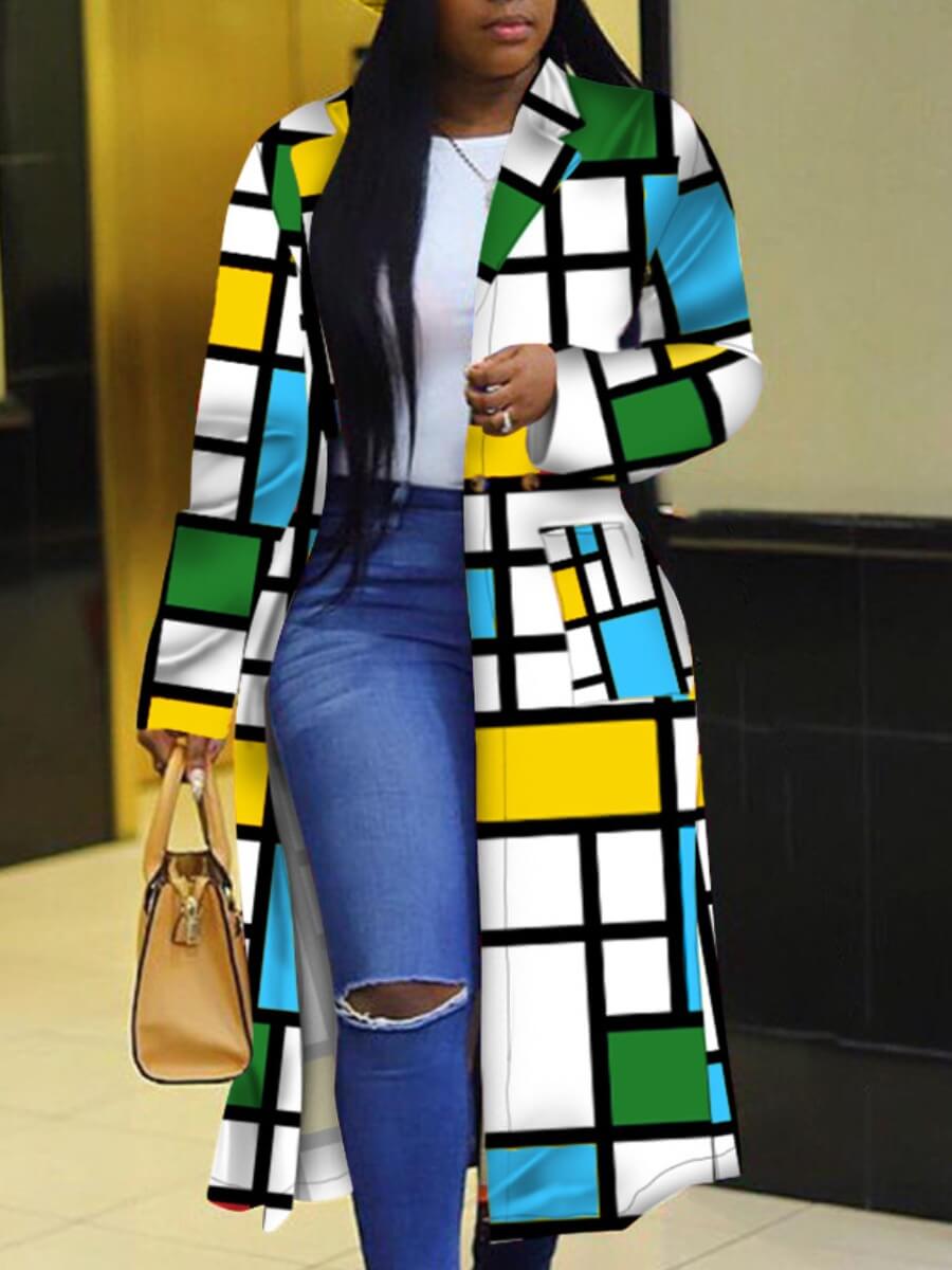 

Lovely Stylish Turndown Collar Print Blue Long Plus Size Coat
