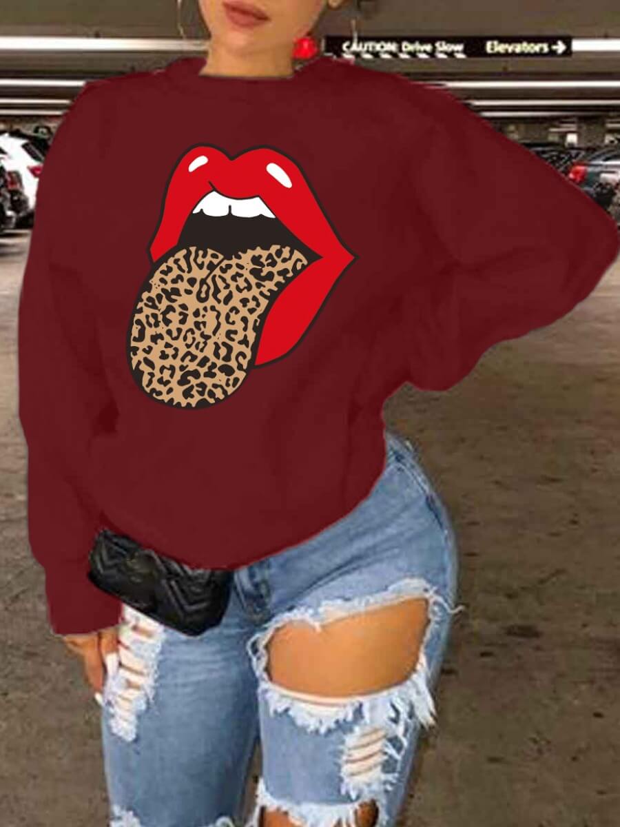 

Lovely Leisure O Neck Lip Print Wine Red Hoodie
