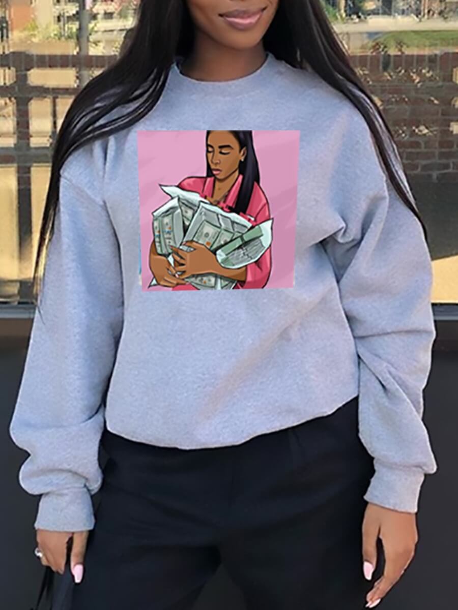 

Lovely Leisure O Neck Print Grey Hoodie