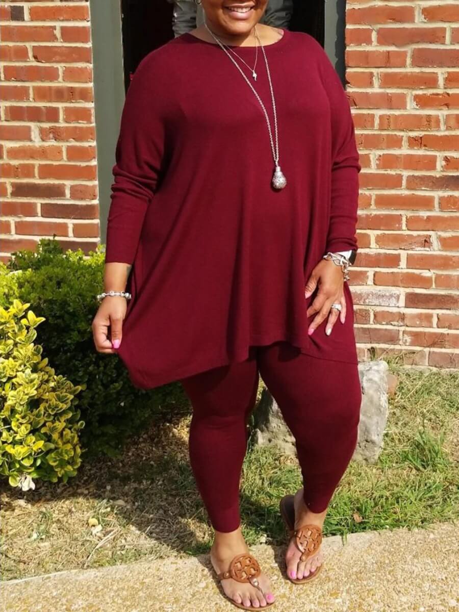 

LW Plus Size O Neck Asymmetrical Pants Set, Wine red