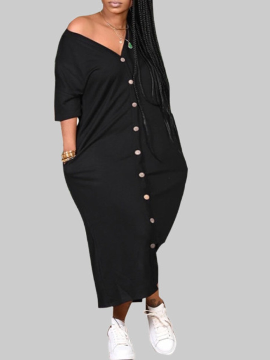 

Lovely Casual V Neck Buttons Design Black Ankle Length Plus Size Dress