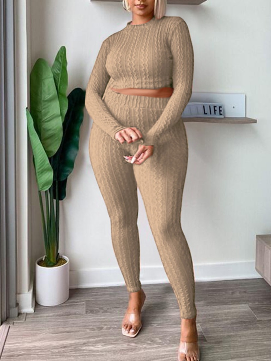 

Lovely Casual Half A Turtleneck Skinny Khaki Plus Size Two-piece Pants Set