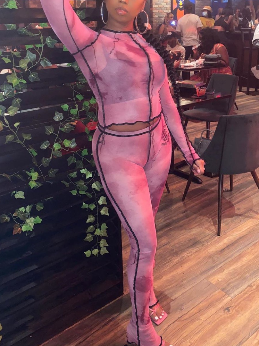 lovely Trendy O Neck Tie Dye Patchwork Pink Two Piece Pants Set