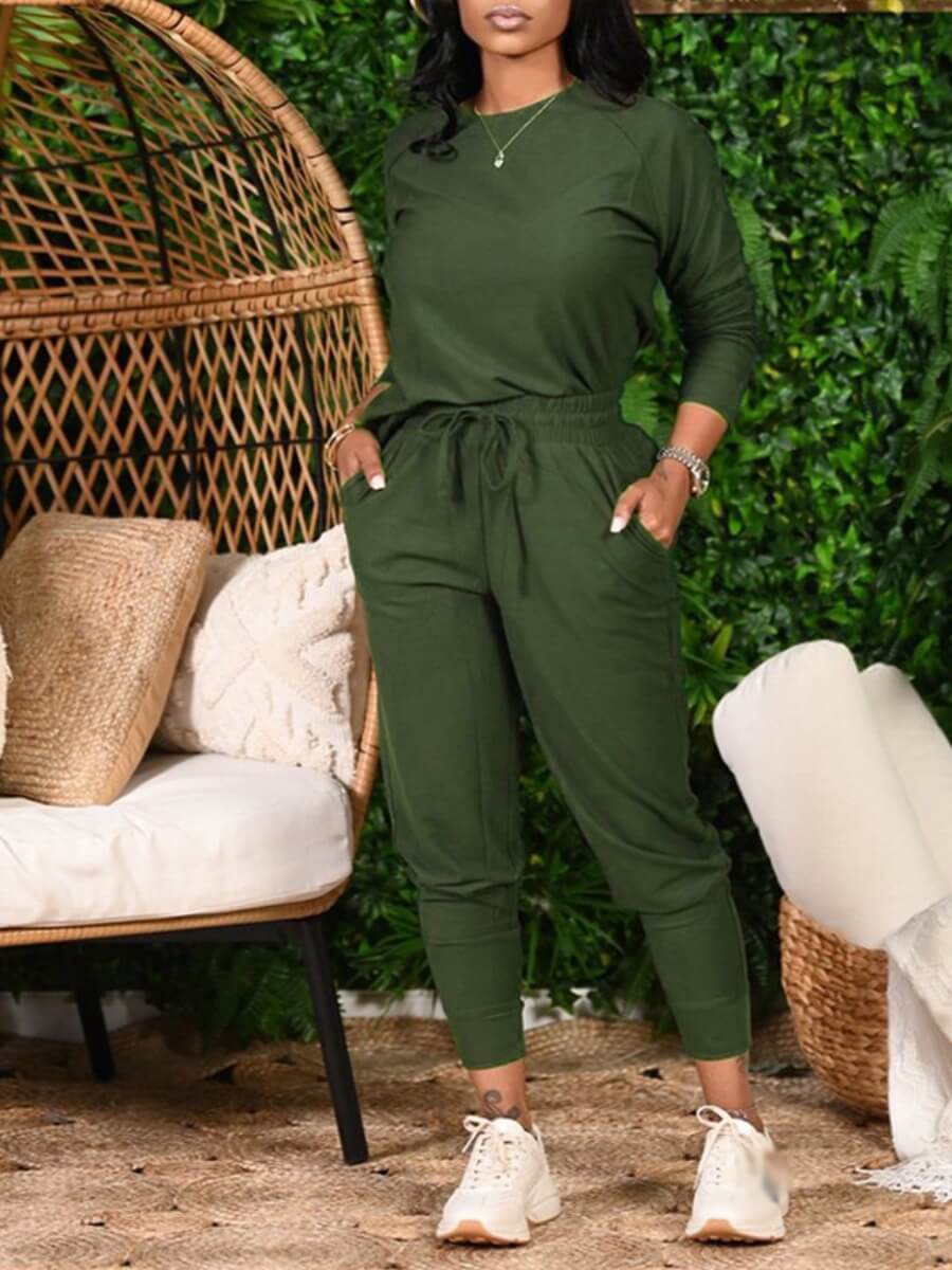 lovely Leisure O Neck Drawstring Green Two Piece Pants Set