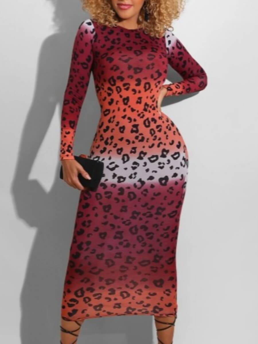 lovely Casual O Neck Print Wine Red Mid Calf Dress