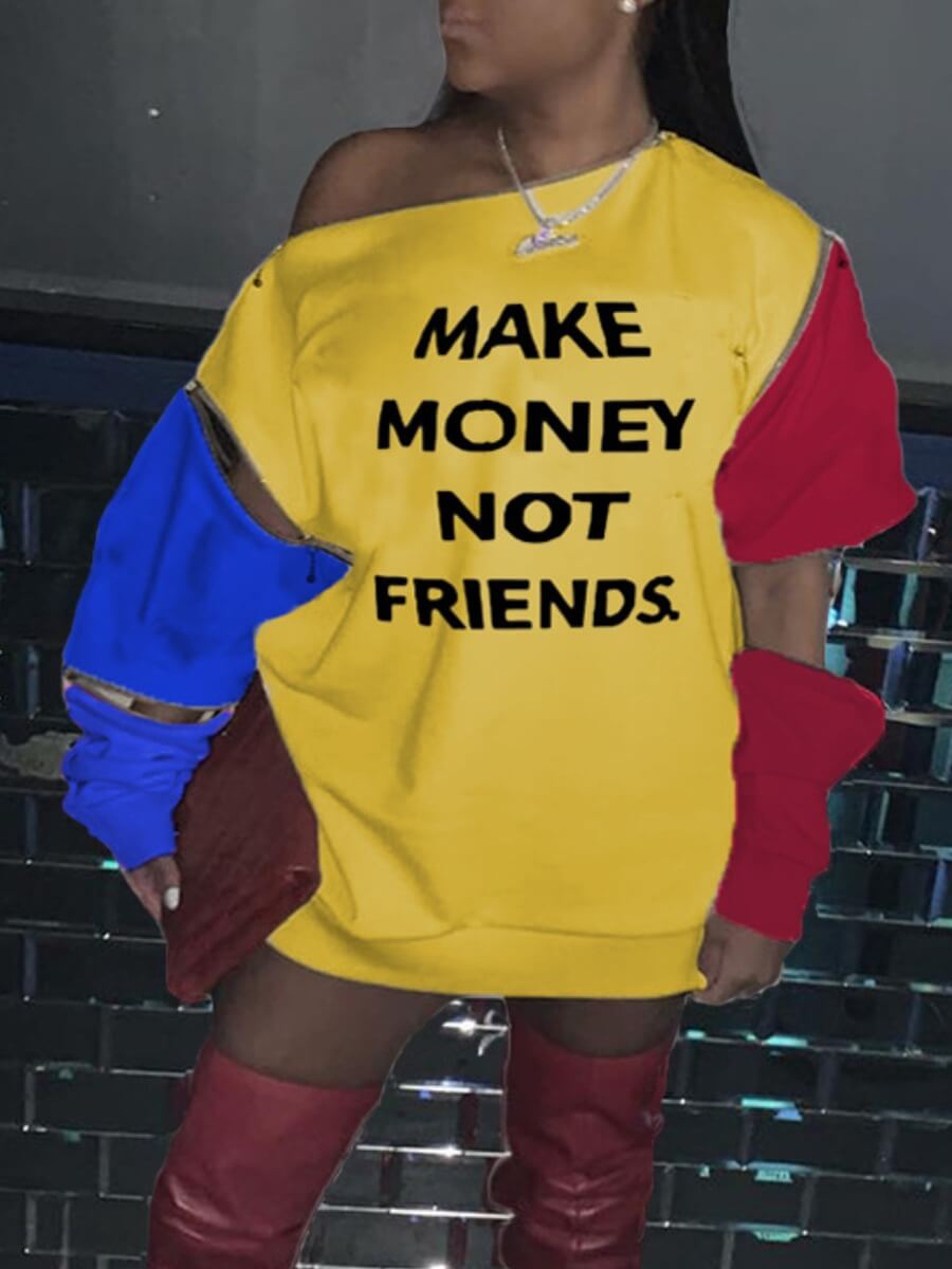 lovely Street Letter Print Zipper Design Yellow Mini Dress