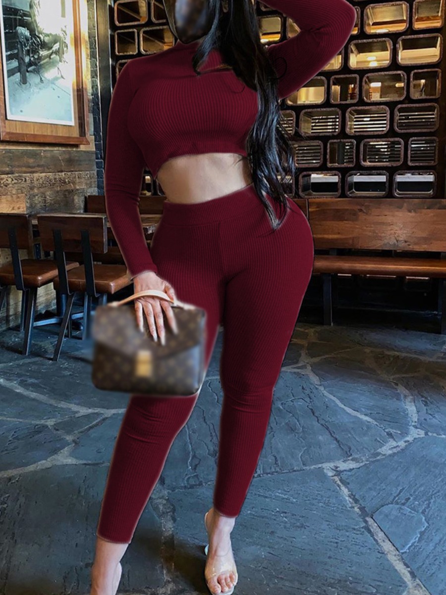 lovely Sportswear Basic Skinny Wine Red Two Piece Pants Set