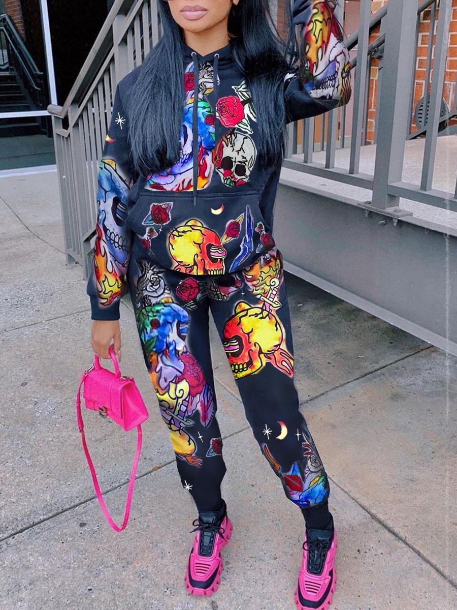 

lovely Street Hooded Collar Skull Print Black Two Piece Pants Set