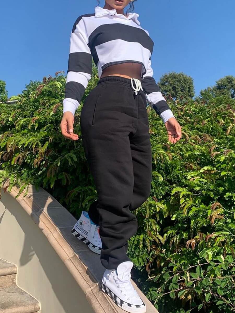 

Lovely Street Striped Loose Black Two Piece Pants Set