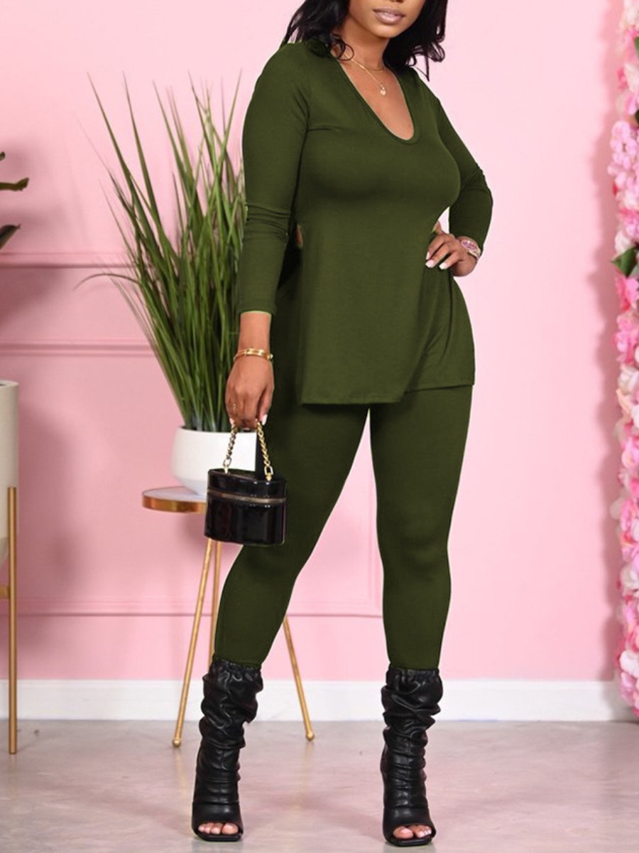lovely Leisure V Neck Basic Green Two Piece Pants Set
