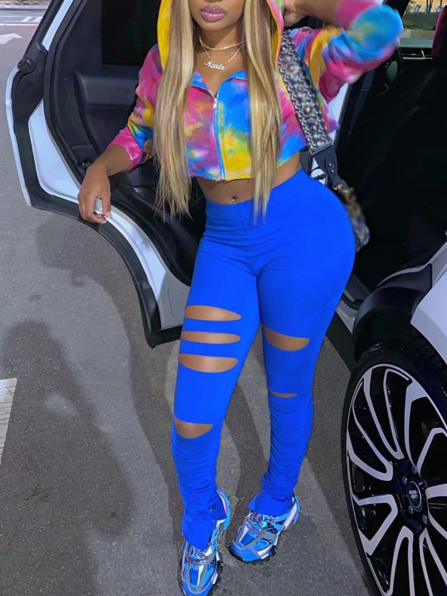 

lovely Street Hooded Collar Tie Dye Blue Two Piece Pants Set