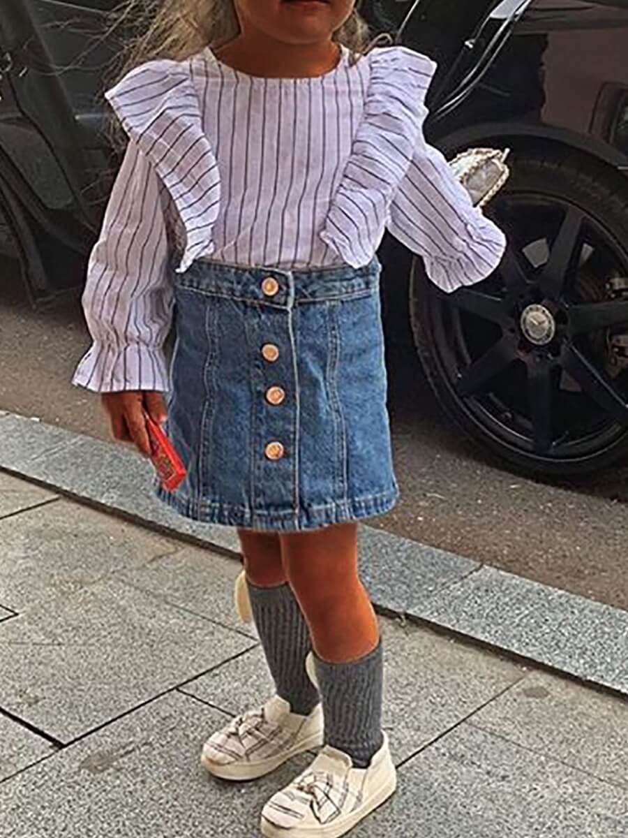 lovely Trendy O Neck Striped Flounce Design White Girl Two-piece Skirt Set