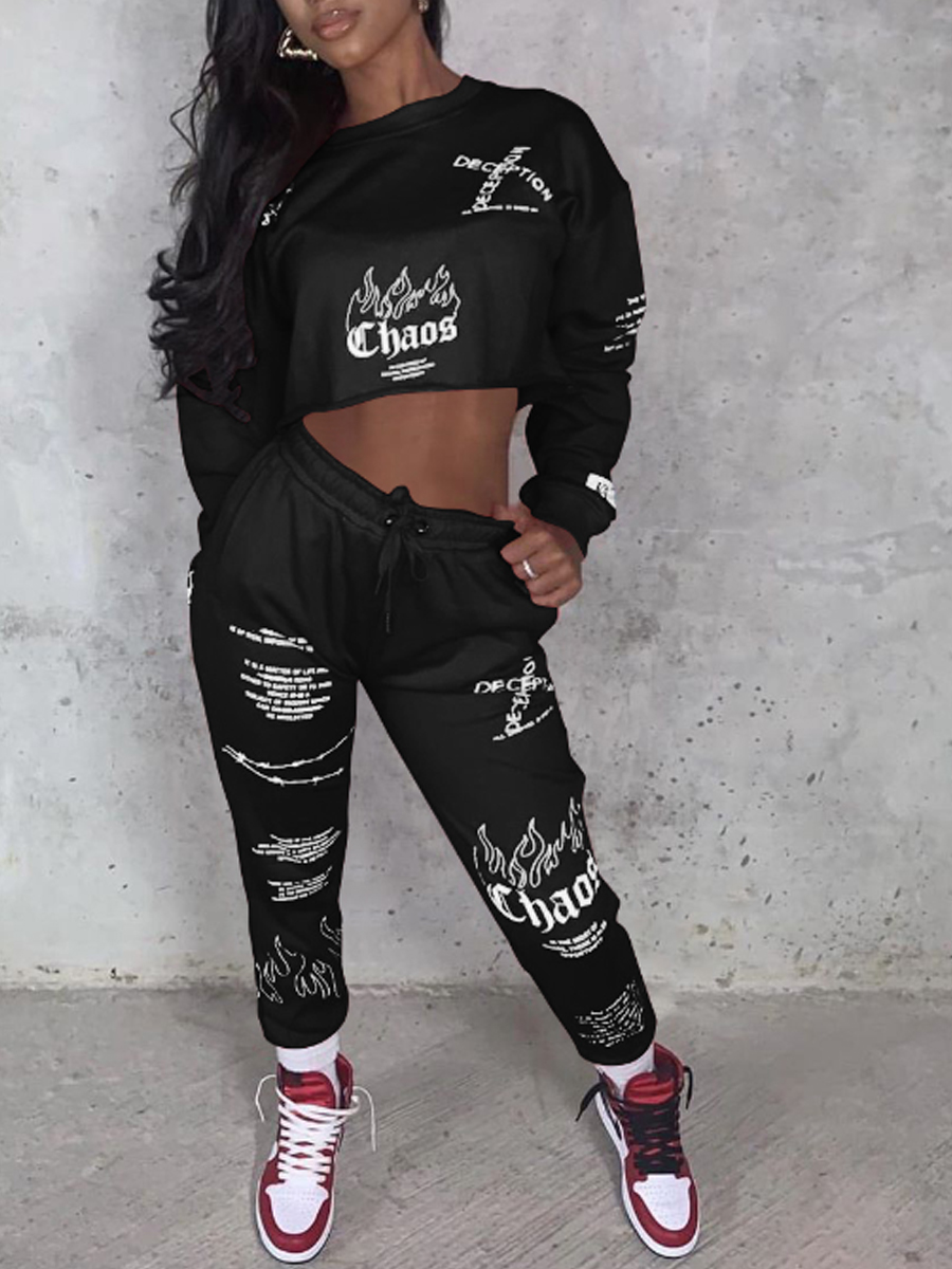 lovely Leisure Hooded Collar Letter Print Black Two Piece Pants Set