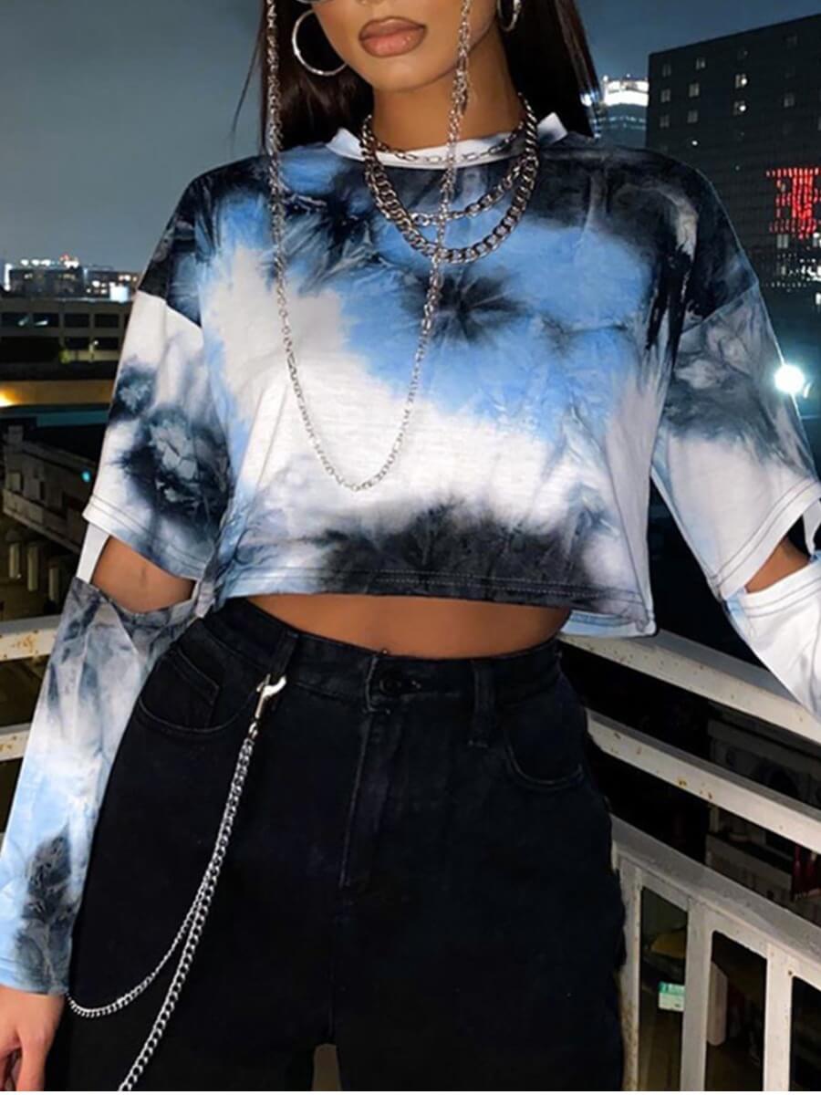 

Lovely Street O Neck Tie-dye Broken Holes Blue Plus Size T-shirt