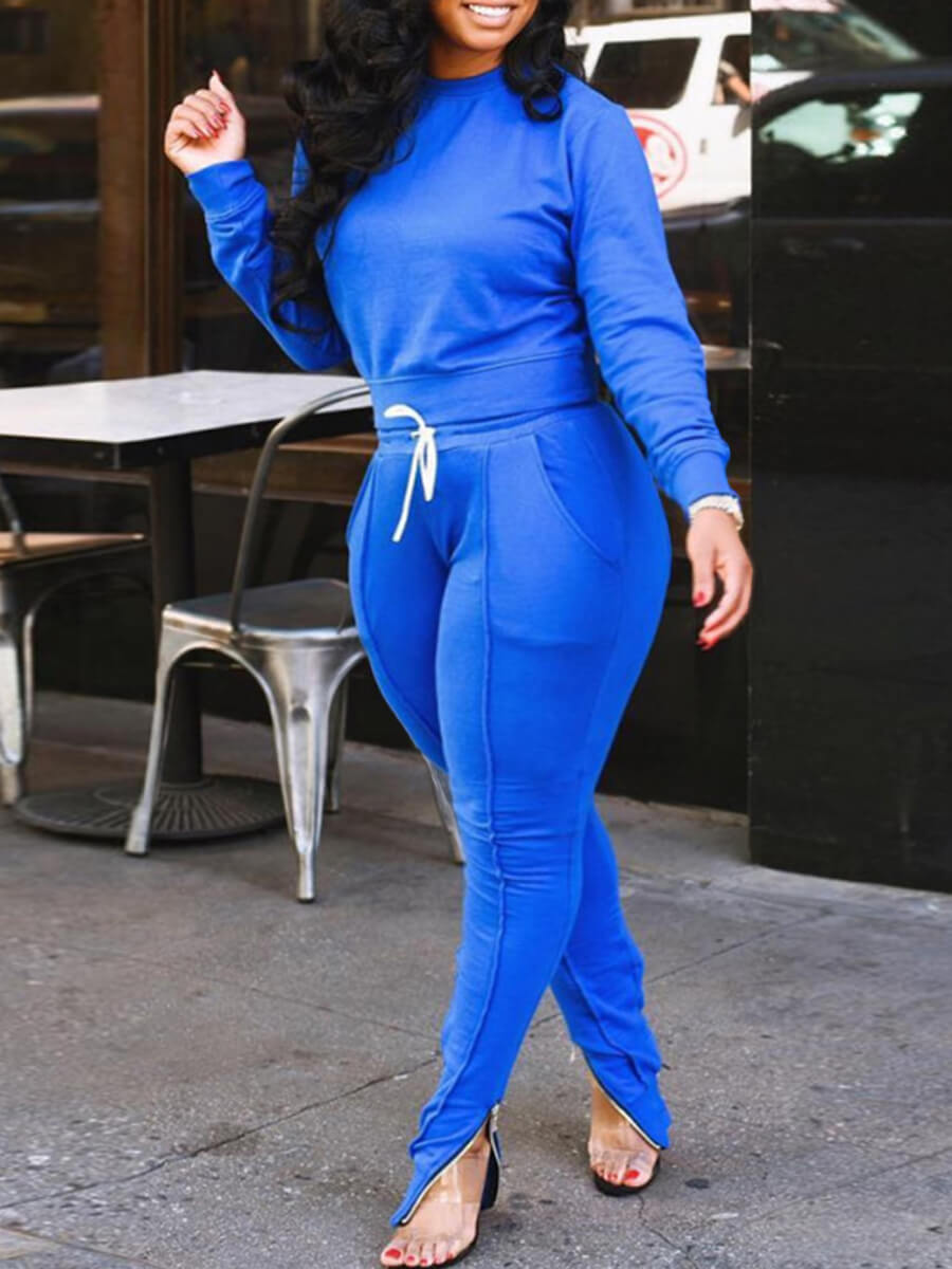 lovely Sportswear O Neck Patchwork Blue Plus Size Two-piece Pants Set
