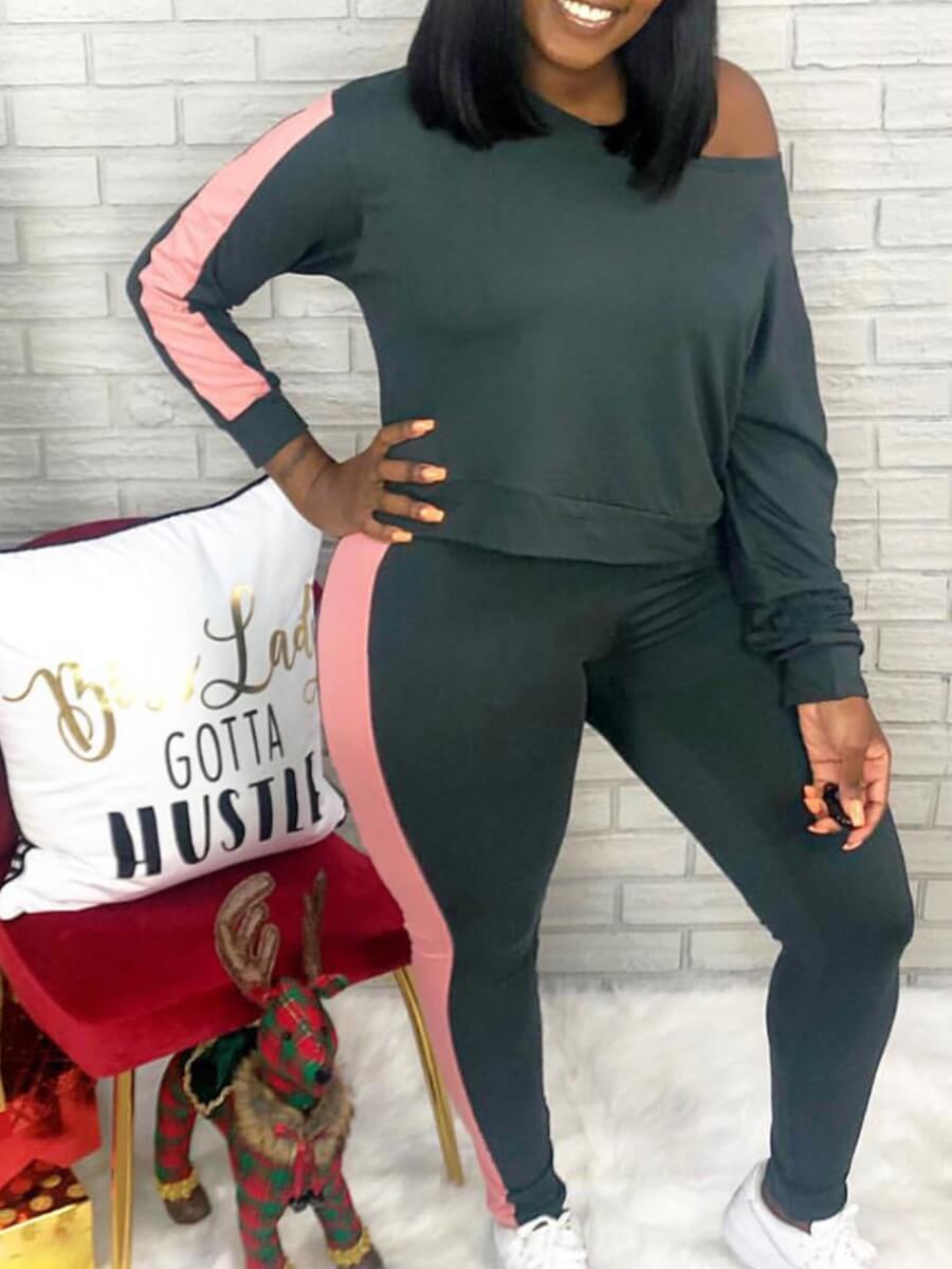 

LW Plus Size O Neck Patchwork Tracksuit Set, Green
