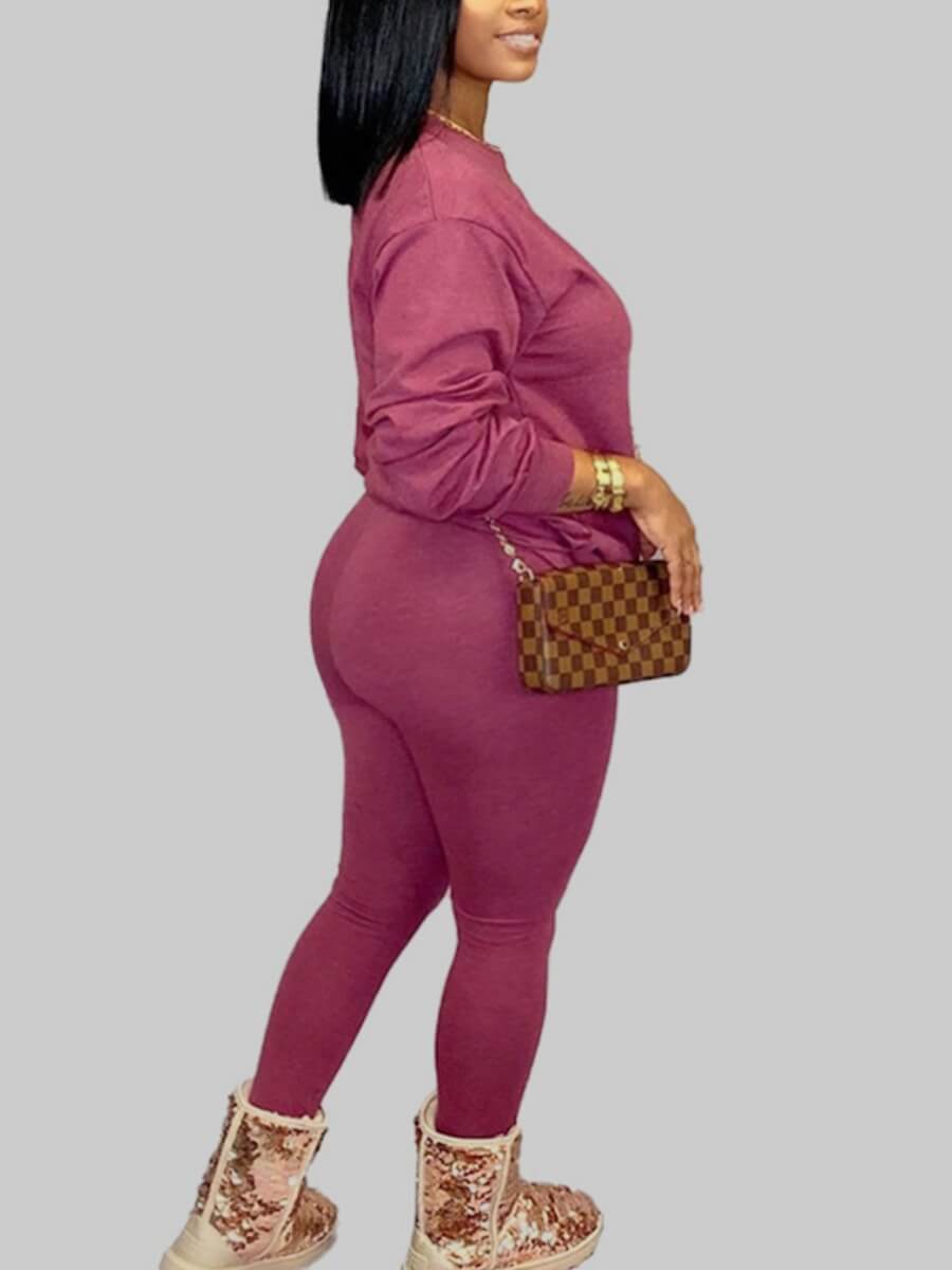 

Lovely Plus Size Casual O Neck Basic Purple Two-piece Pants Set