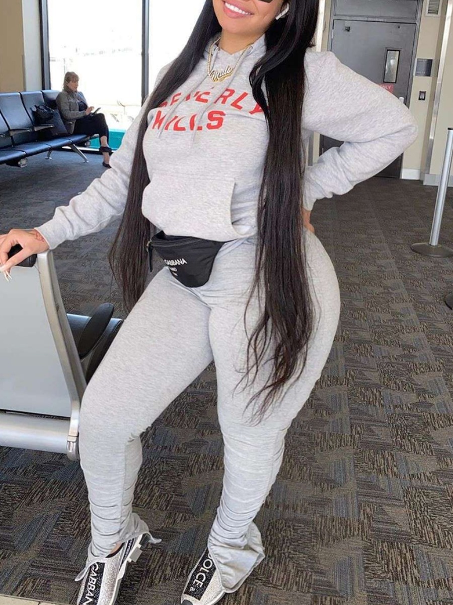 lovely Casual Hooded Collar Letter Print Light Grey Plus Size Two-piece Pants Set