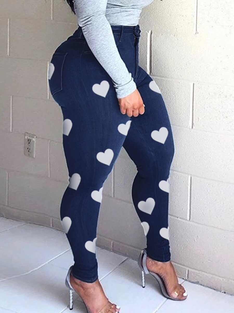 lovely Casual Heart Print Skinny Deep Blue Jeans