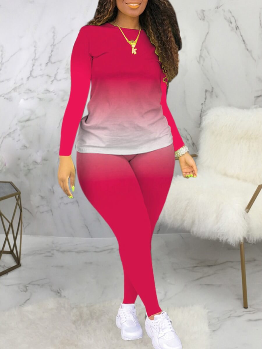 lovely Casual O Neck Gradient Print Rose Red Plus Size Two-piece Pants Set