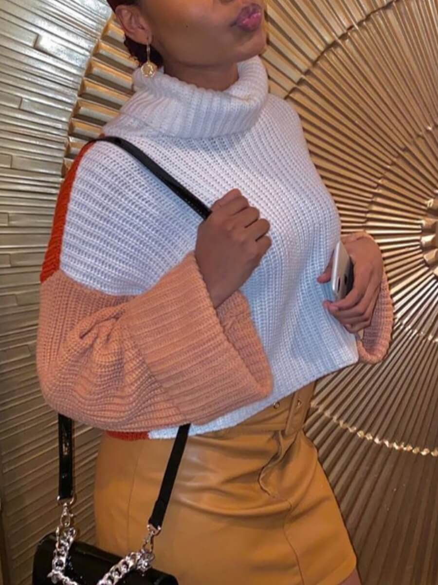

Lovely Street Turtleneck Patchwork White Sweater