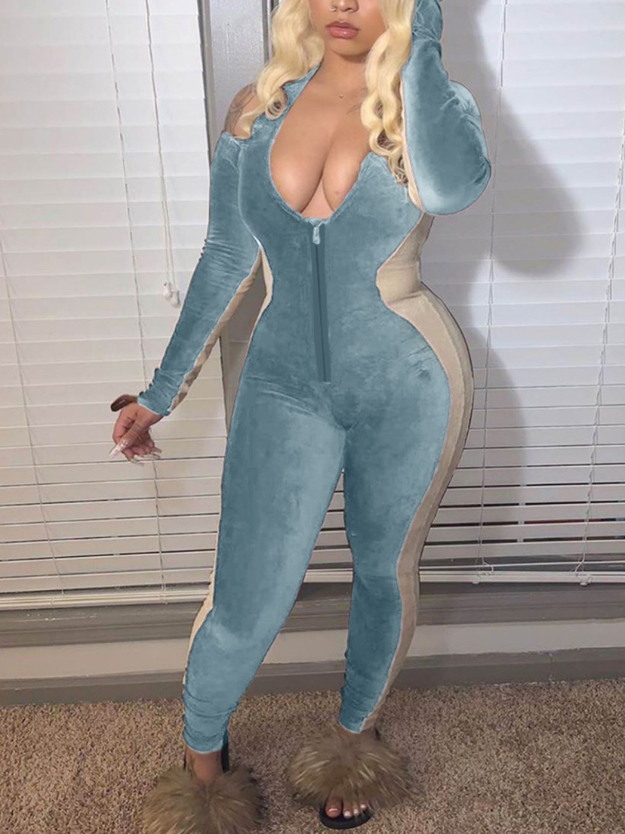 lovely Sportswear Hollow-out Patchwork Blue One-piece Jumpsuit