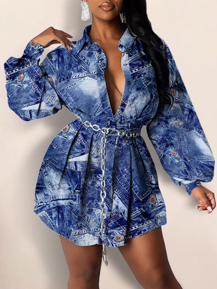 

lovely Casual Shirt Collar Tie-dye Blue Mini Dress