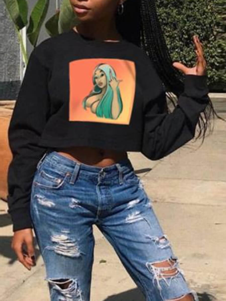 lovely Leisure O Neck Print Black Hoodie