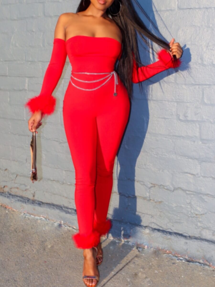 

Lovely Stylish Dew Shoulder Skinny Red One-piece Jumpsuit