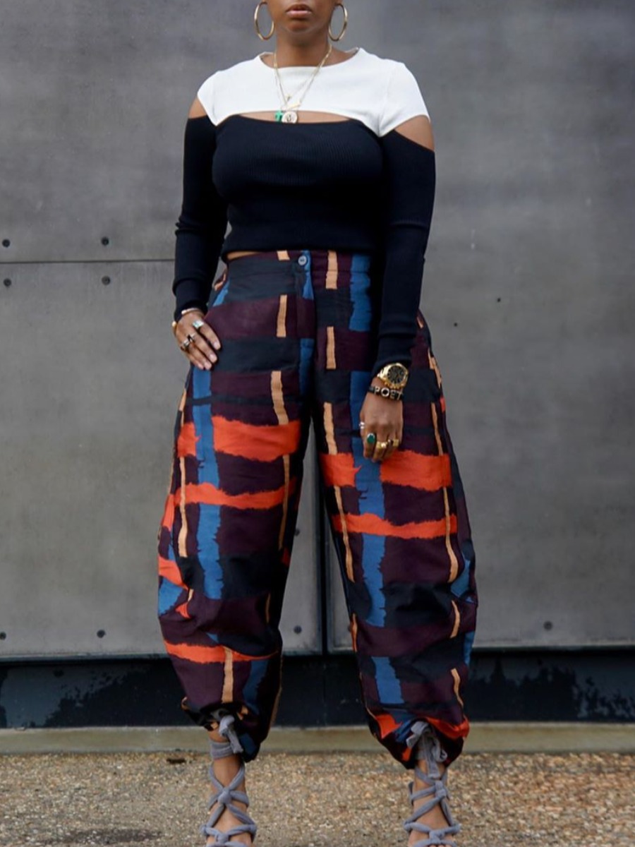 

Lovely Street Print Patchwork Black Two Piece Pants Set