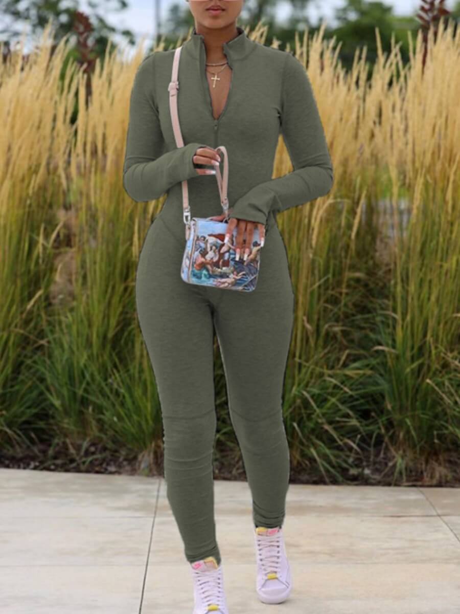 lovely Sportswear Zipper Design Skinny Army Green One-piece Jumpsuit