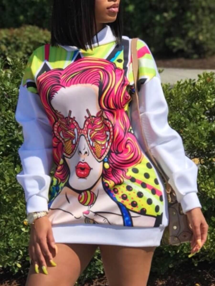 

Lovely Street Hooded Collar Print White Mini Dress