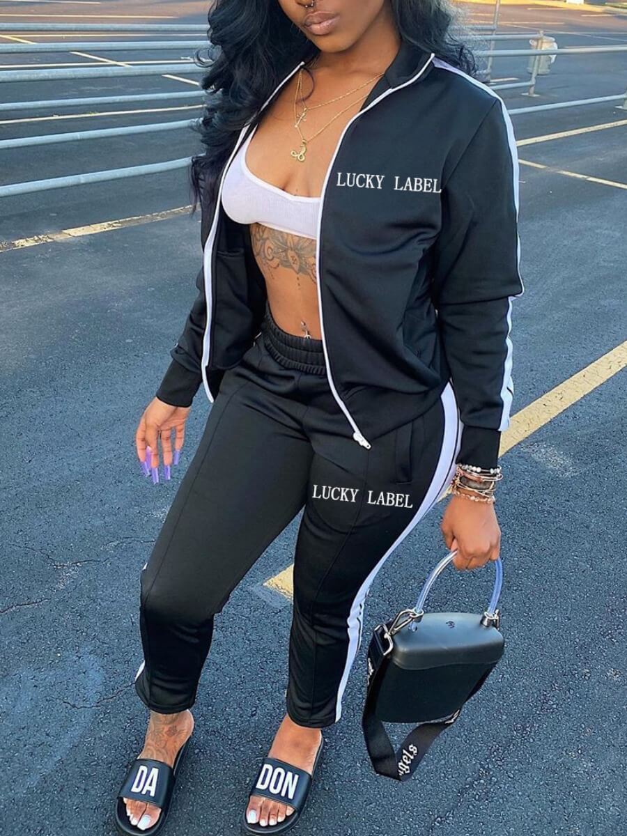 lovely Sportswear Letter Patchwork Black Two Piece Pants Set