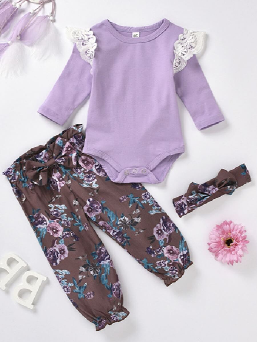 

Lovely Sweet O Neck Lace Hem Floral Print Light Purple Girl Two-piece Pants Set