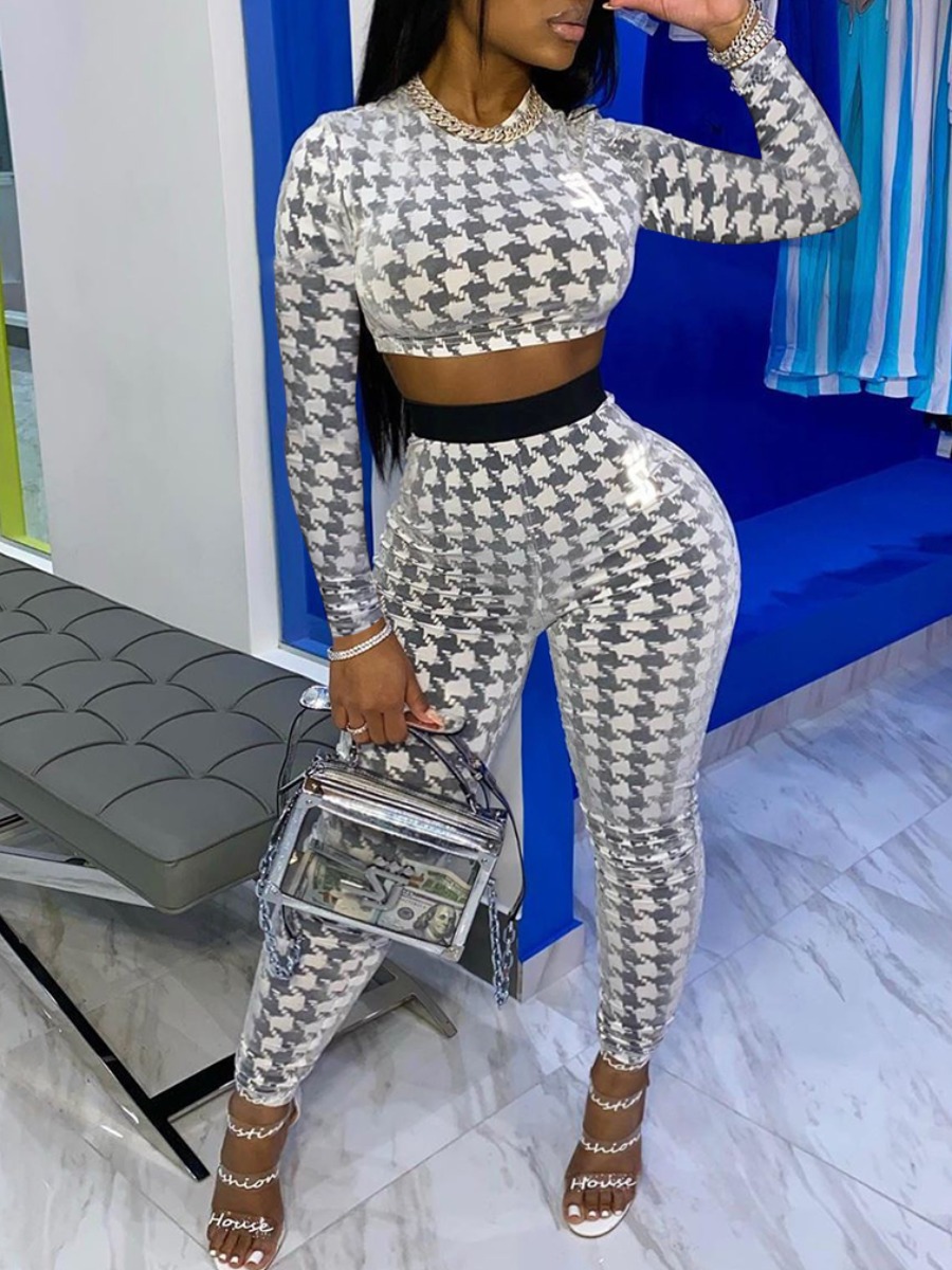 

lovely Stylish O Neck Print Skinny Grey Two Piece Pants Set