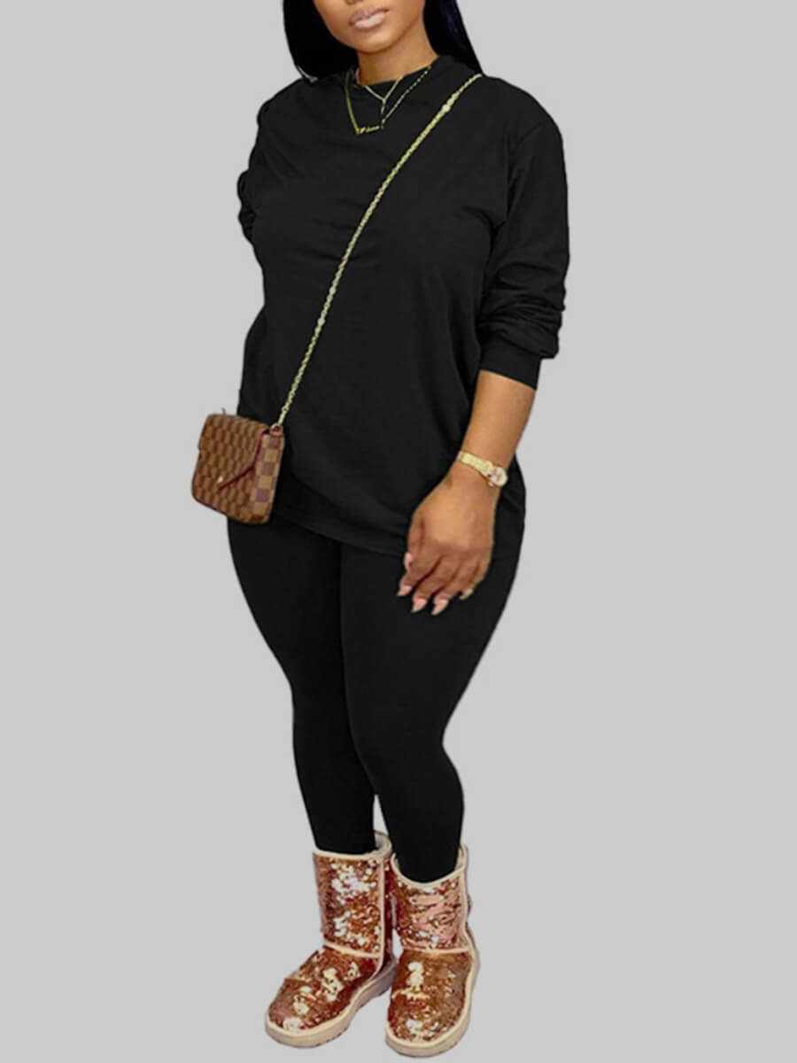 

LW BASICS Plus Size Casual O Neck Black Two-piece Pants Set