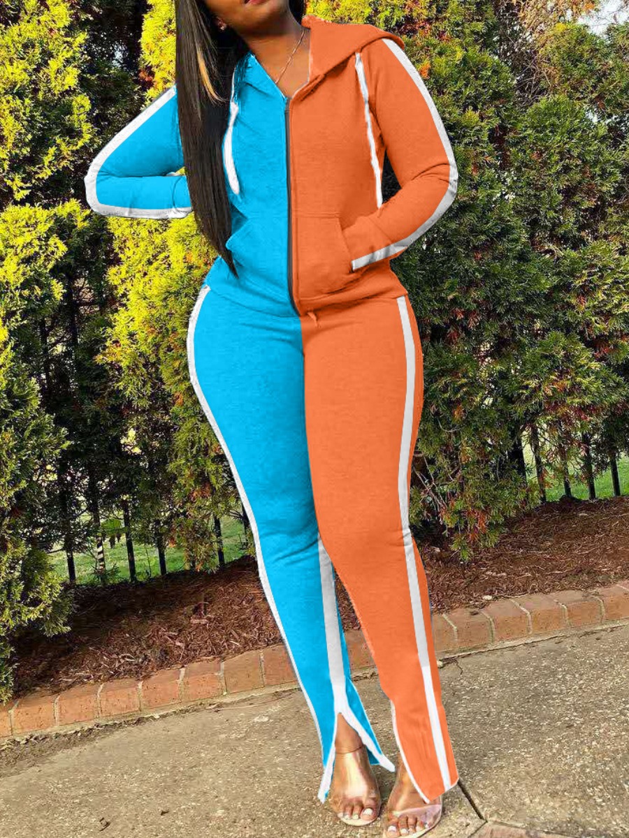 

Lovely Sportswear Hooded Collar Patchwork Croci Two Piece Pants Set